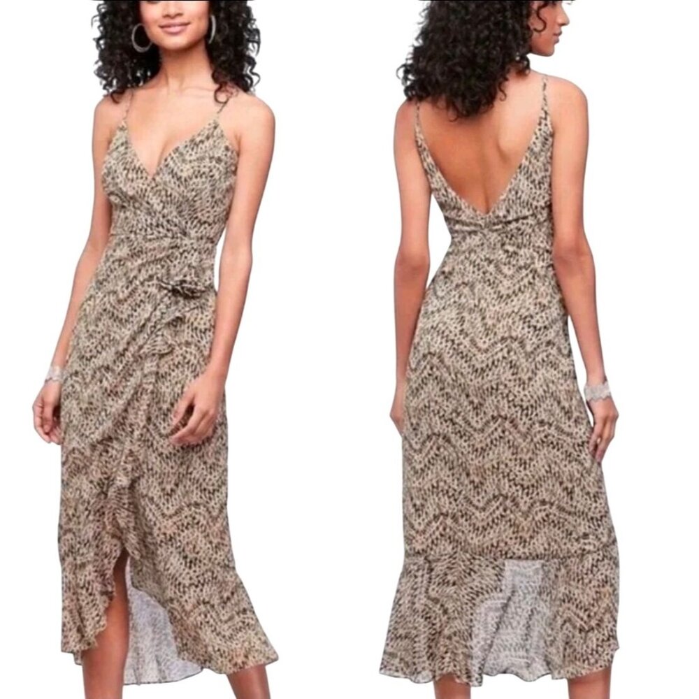 Bardot Ellie Faux Wrap Ruffle Front V-neck V-back Animal Print Midi Dress, Sz 8